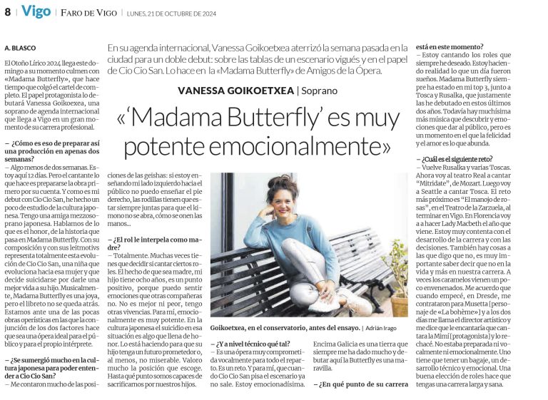 Faro de Vigo. Entrevista VANESSA GOIKOETXEA